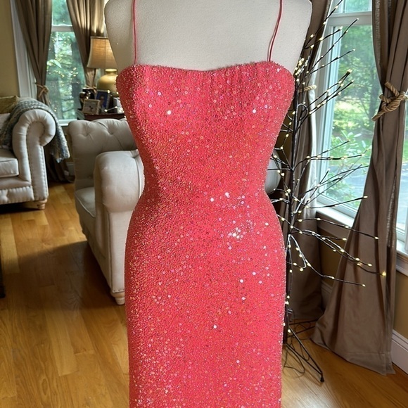 Jovani Pink Beaded Silk Gown with Train 10 - Picture 4 of 17